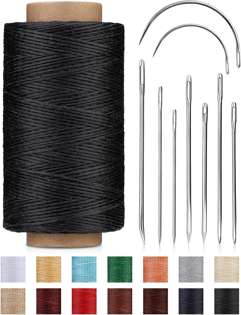 DIUDUS 218 Yards Waxed Thread, Leather Sewing Waxed Thread with Heavy Duty Sewing Needles, Leather Thread for Hand Stitching Leathercraft Repair Furniture Shoes Bags Sofa (Black) - Image 1